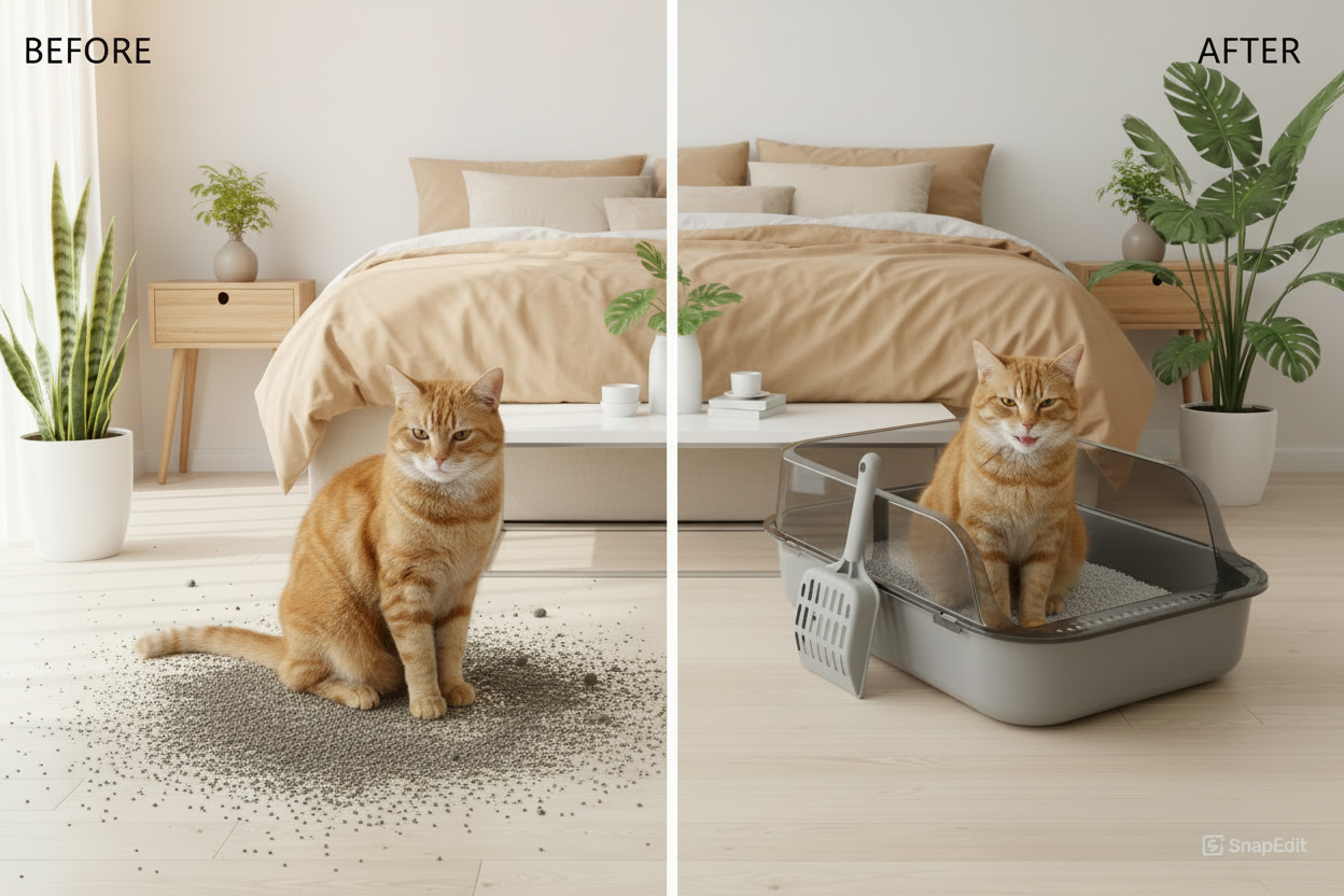 Voor-en-na vergelijking kattenbak met grijze kat